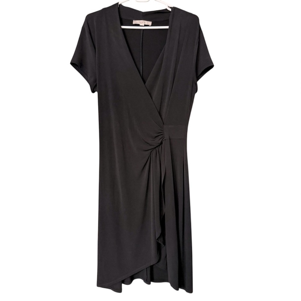 LOFT Black Faux Wrap Dress Short Sleeve V-Neck Draped Jersey Knit Size L
